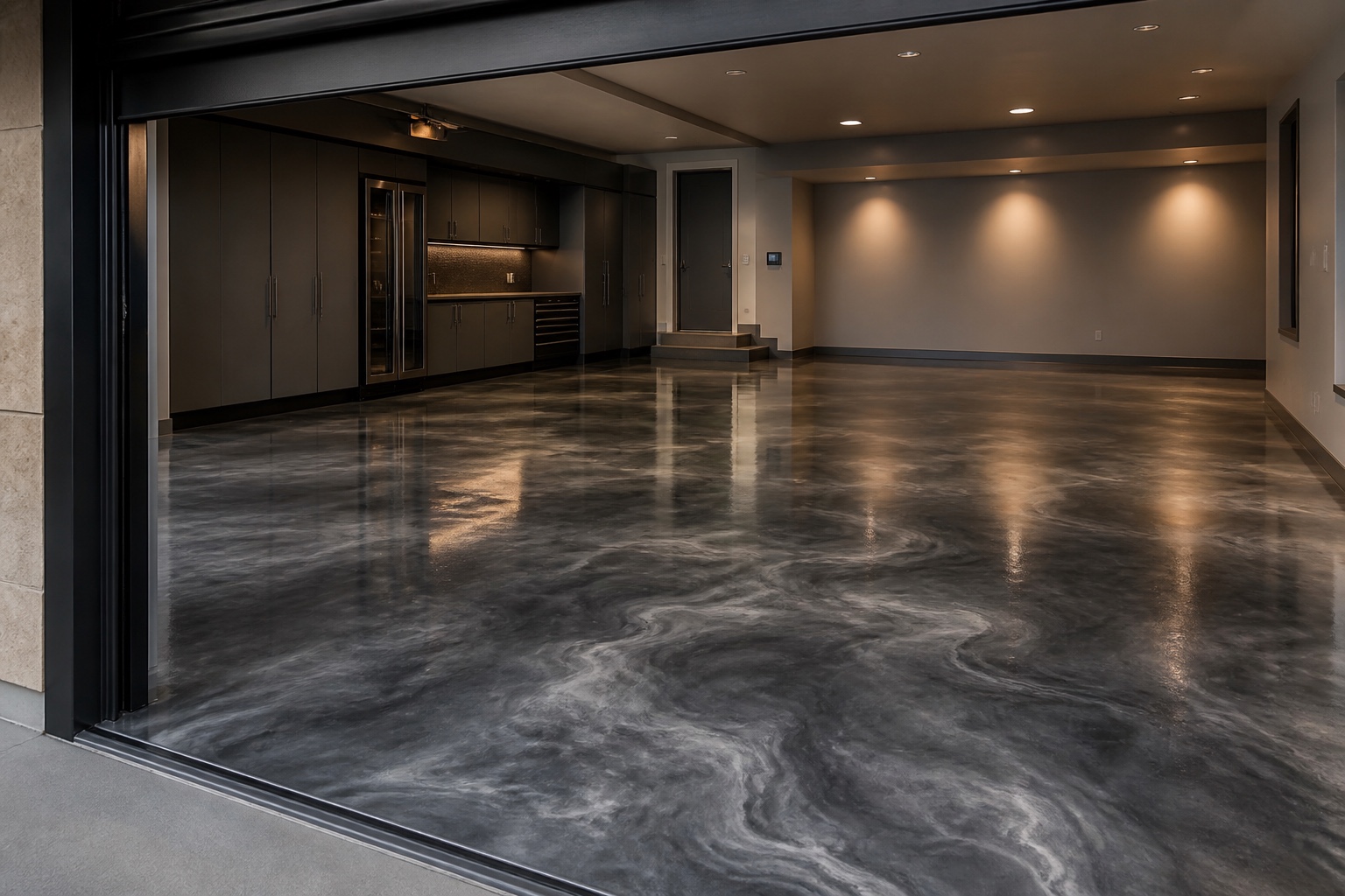 Luxury garage interior with black and gray metallic epoxy floor